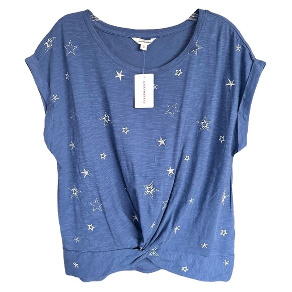 Lucky Brand Tops - Lucky Brand Women's Short Sleeve Twist Front Top Stars Print Cotton Size L Blue